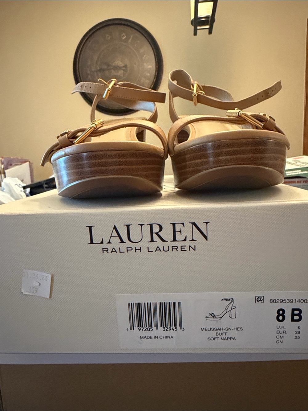 Lauren Ralph Lauren Tan Leather Ankle-Strap Sandals with Gold Buckles